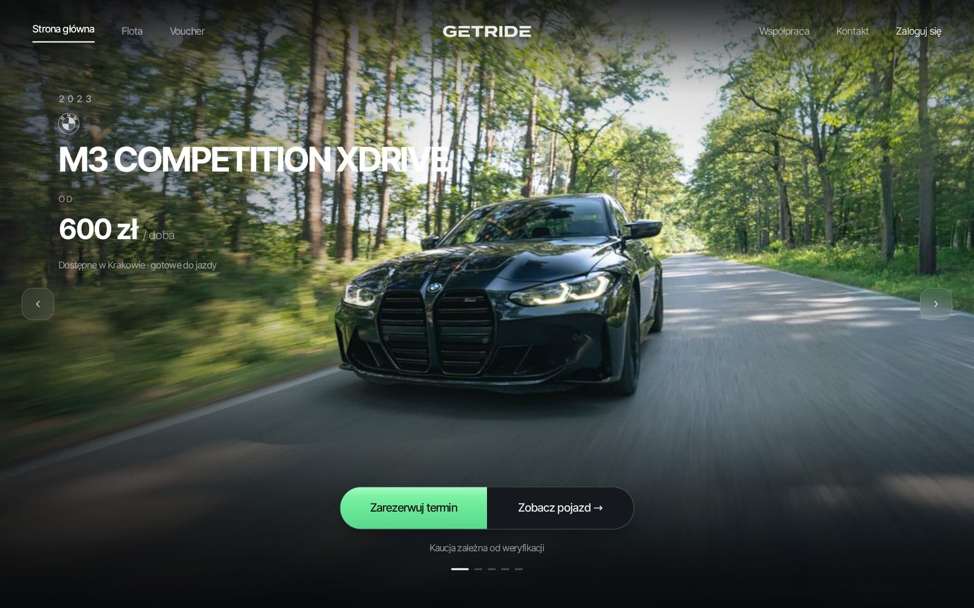 Home page of getride.rent presenting a car, with a button for booking a date